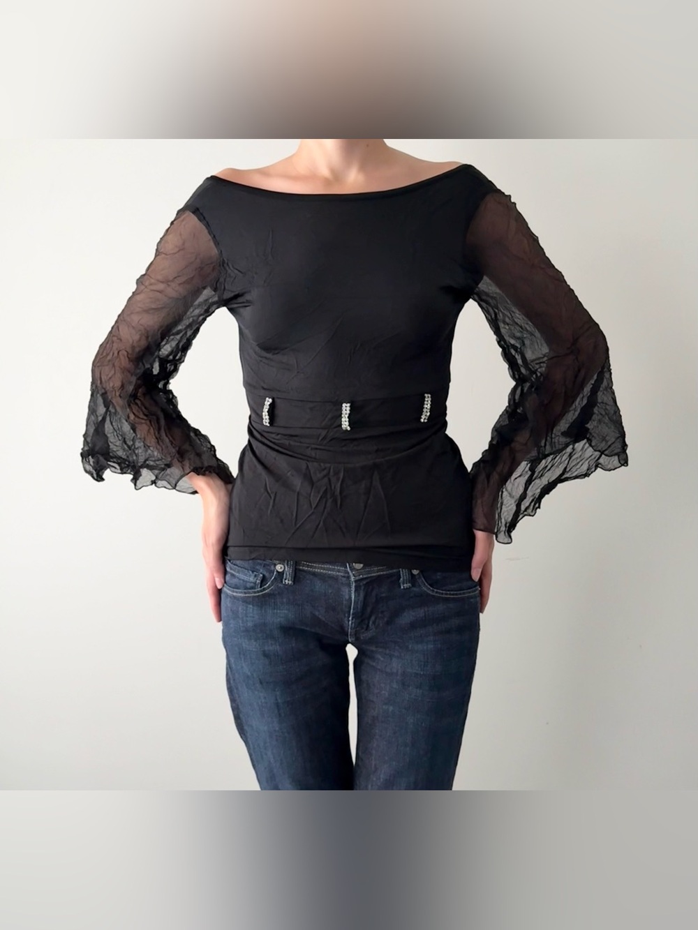 Gothic black silk blend flared sleeve top